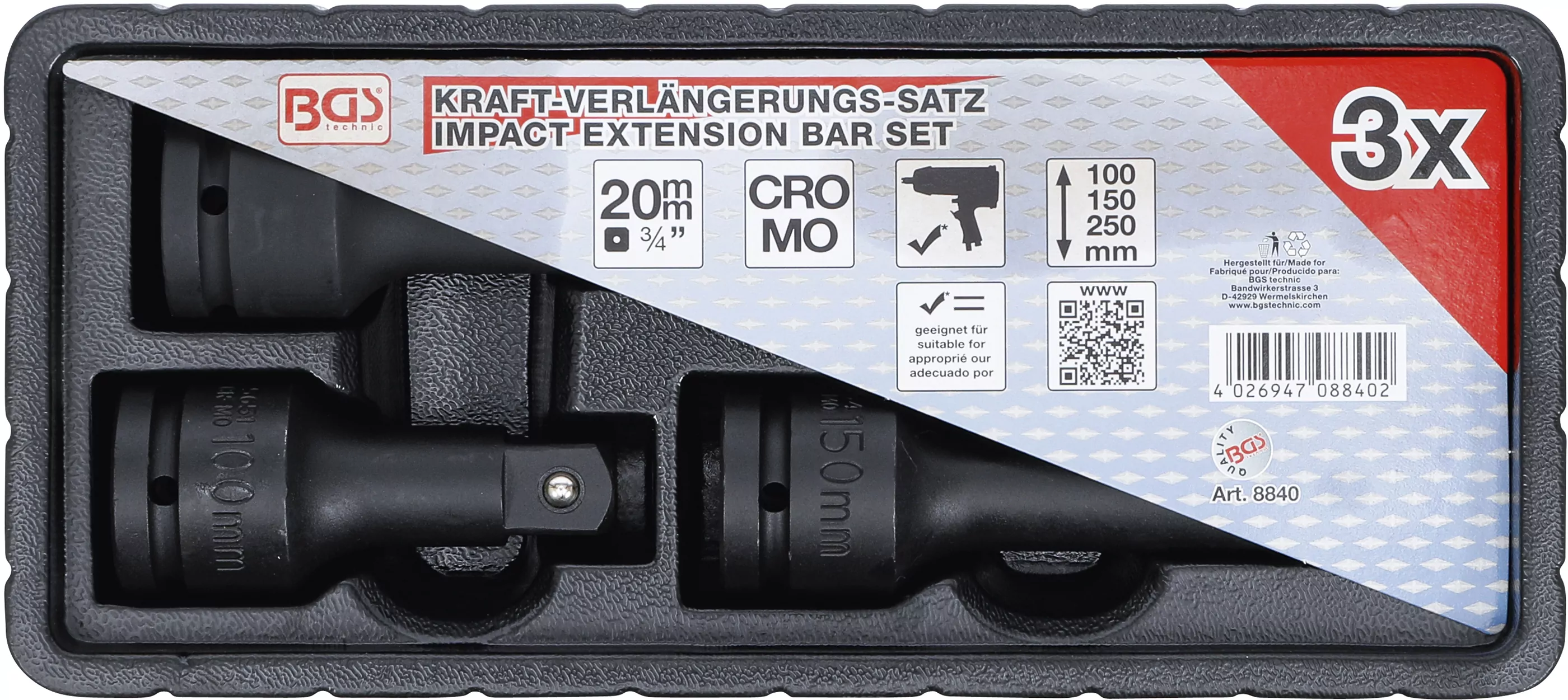 Kraft-Verlängerungs-Satz | Außen-/Innenvierkant 20 mm (3/4") | 3-tlg.