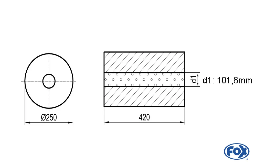 Uni-Schalldämpfer rund ohne Stutzen - Abwicklung 784 Ø 250mm, d1: 101,6mm, Länge: 420mm -Ø250mm