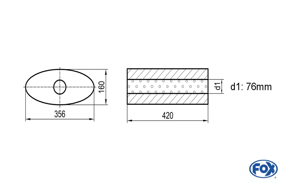 Uni-Schalldämpfer oval ohne Stutzen - Abwicklung 818  356x160mm, d1Ø 76mm, Länge: 420mm
