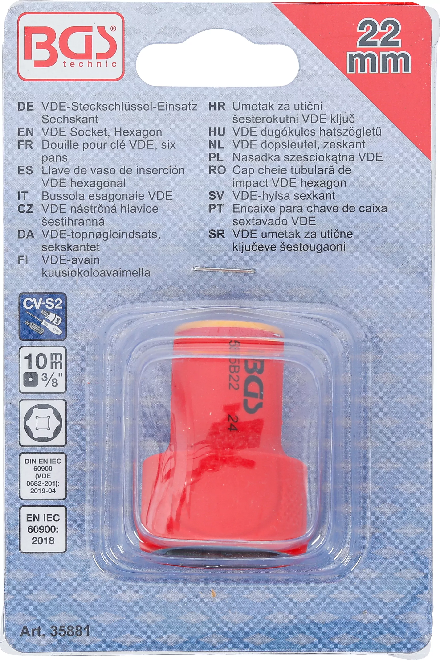 VDE-Steckschlüssel-Einsatz Sechskant | Antrieb Innenvierkant 10 mm (3/8") | SW 22 mm