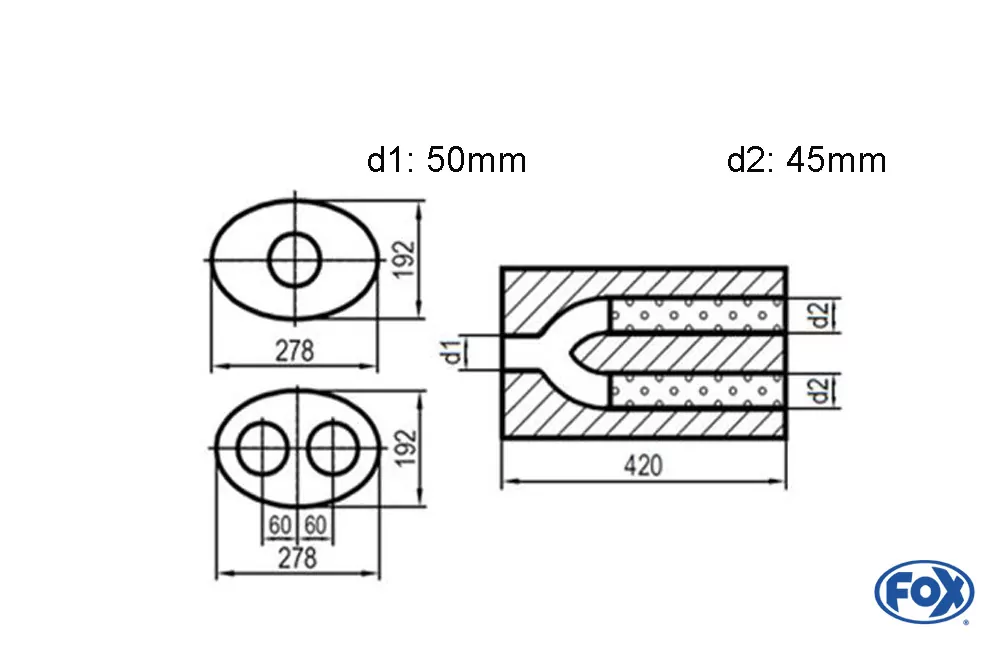 Uni-Schalldämpfer oval zweiflutig mit Hose - Abwicklung 754  278x192mm, d1Ø 50mm  d2Ø 45mm, Länge: 420mm