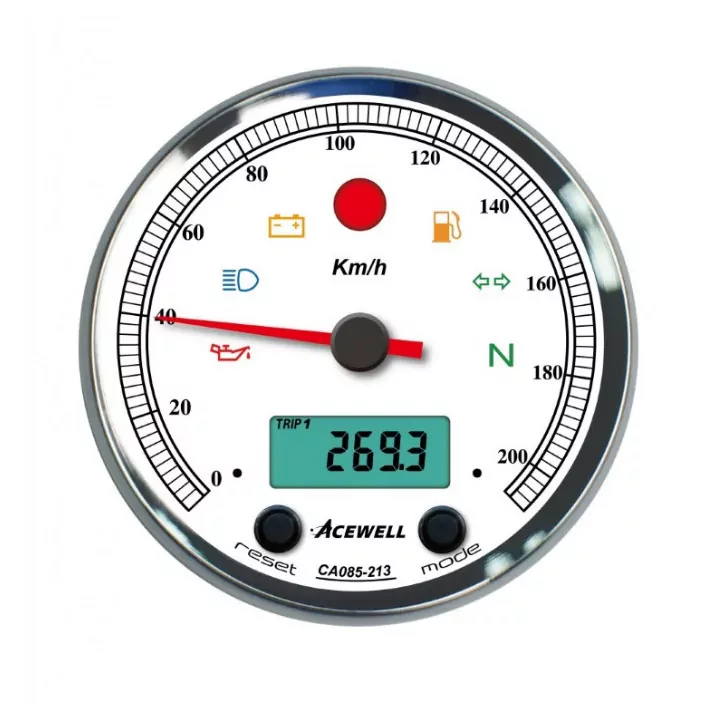 Acewell | Analog Tacho 210 Km/h | Digital Dzm | Ring Chrom | Zifferblatt Weiss | Gehäuse Schwarz