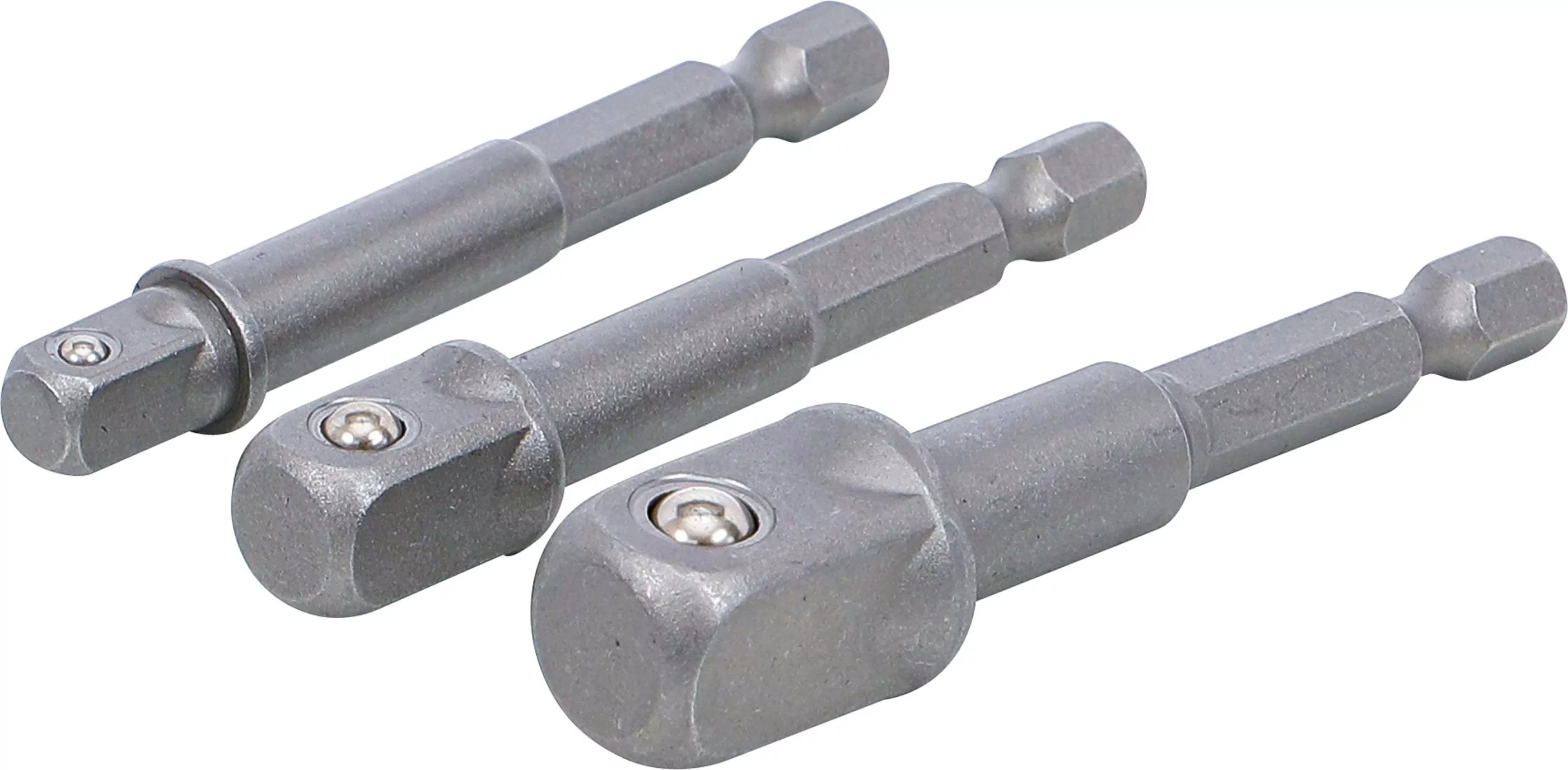 Adapter-Satz für Bohrmaschinen | Antrieb Außensechskant 6,3 mm (1/4") | Abtrieb Außenvierkant 6,3 mm (1/4") / 10 mm (3/8") / 12,5 mm (1/2") | 3-tlg.