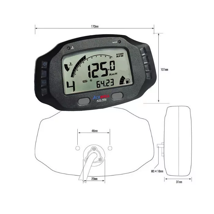 Multifunktionelles Digitalinstrument, Schwarz, Tacho Drehzahlmesser Temperatur Gang Tankanzeige
