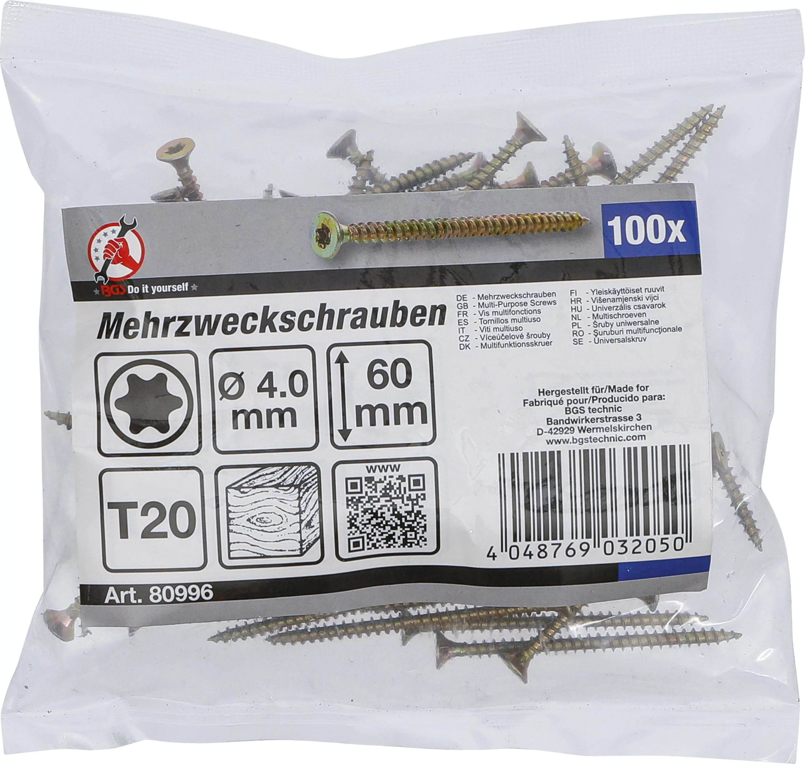 Mehrzweckschrauben | T-Profil (für Torx) T20 | 4,0 x 60 mm | 100 Stück
