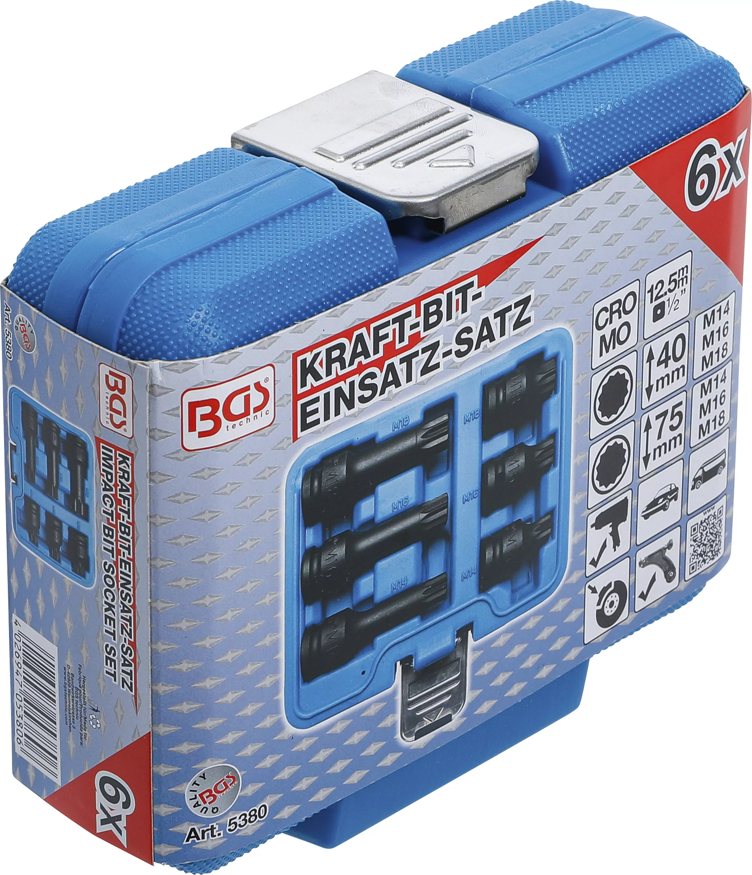 Kraft-Bit-Einsatz-Satz | Antrieb Innenvierkant 12,5 mm (1/2") | Innenvielzahn (für XZN) M14 - M18 | 6-tlg.