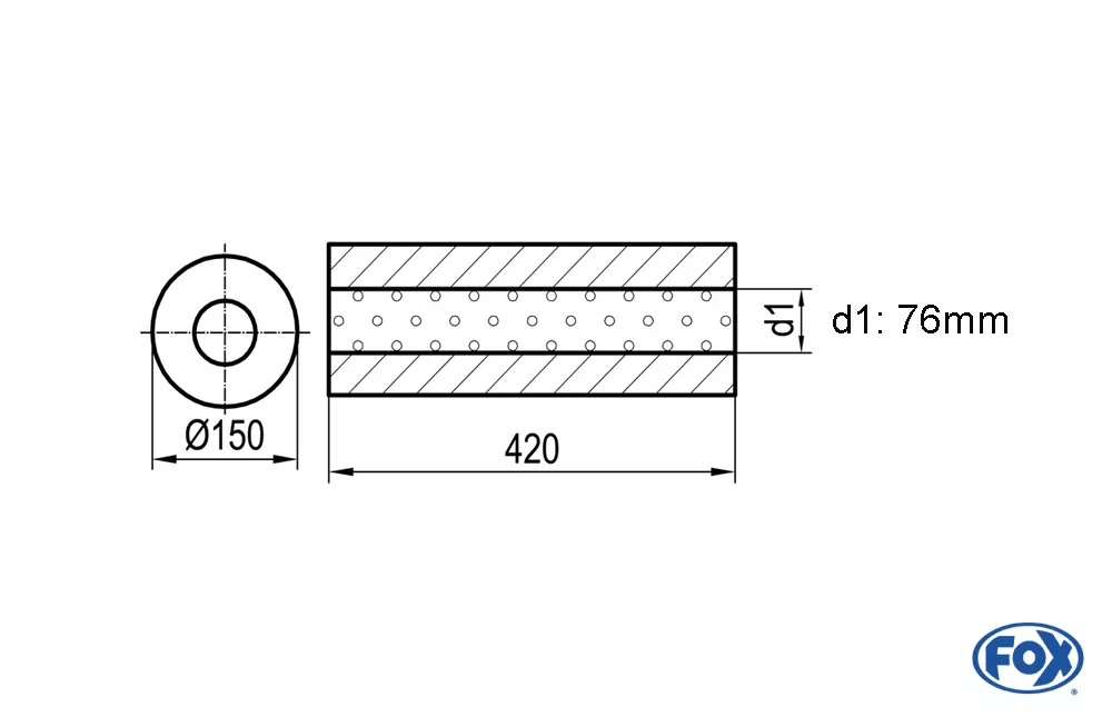 Uni-Schalldämpfer rund ohne Stutzen - Abwicklung 466  Ø 150mm, d1Ø 76mm -, Länge: 420mm