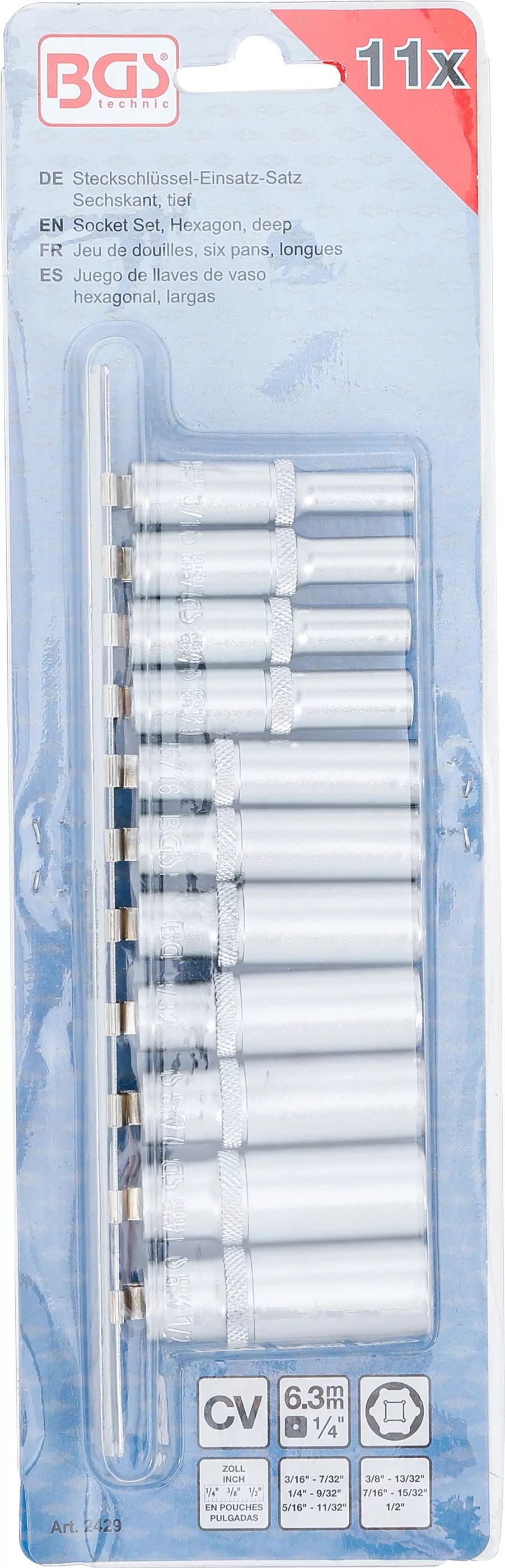 Steckschlüssel-Einsatz-Satz Sechskant, tief | Antrieb Innenvierkant 6,3 mm (1/4") | Zollgrößen | 11-tlg.