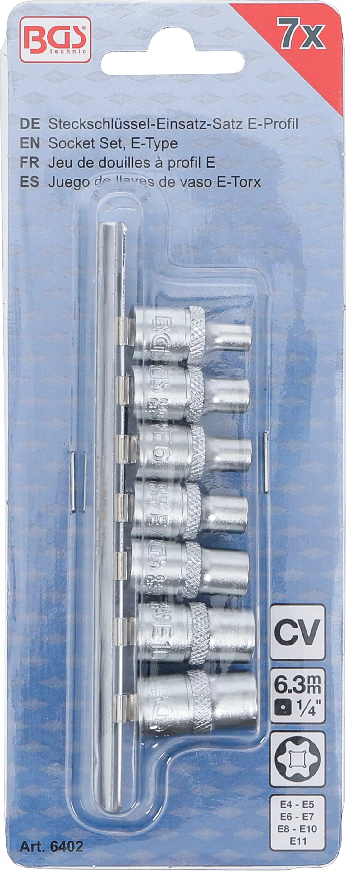 Steckschlüssel-Einsatz-Satz E-Profil | Antrieb Innenvierkant 6,3 mm (1/4") | SW E4 - E11 | 7-tlg.