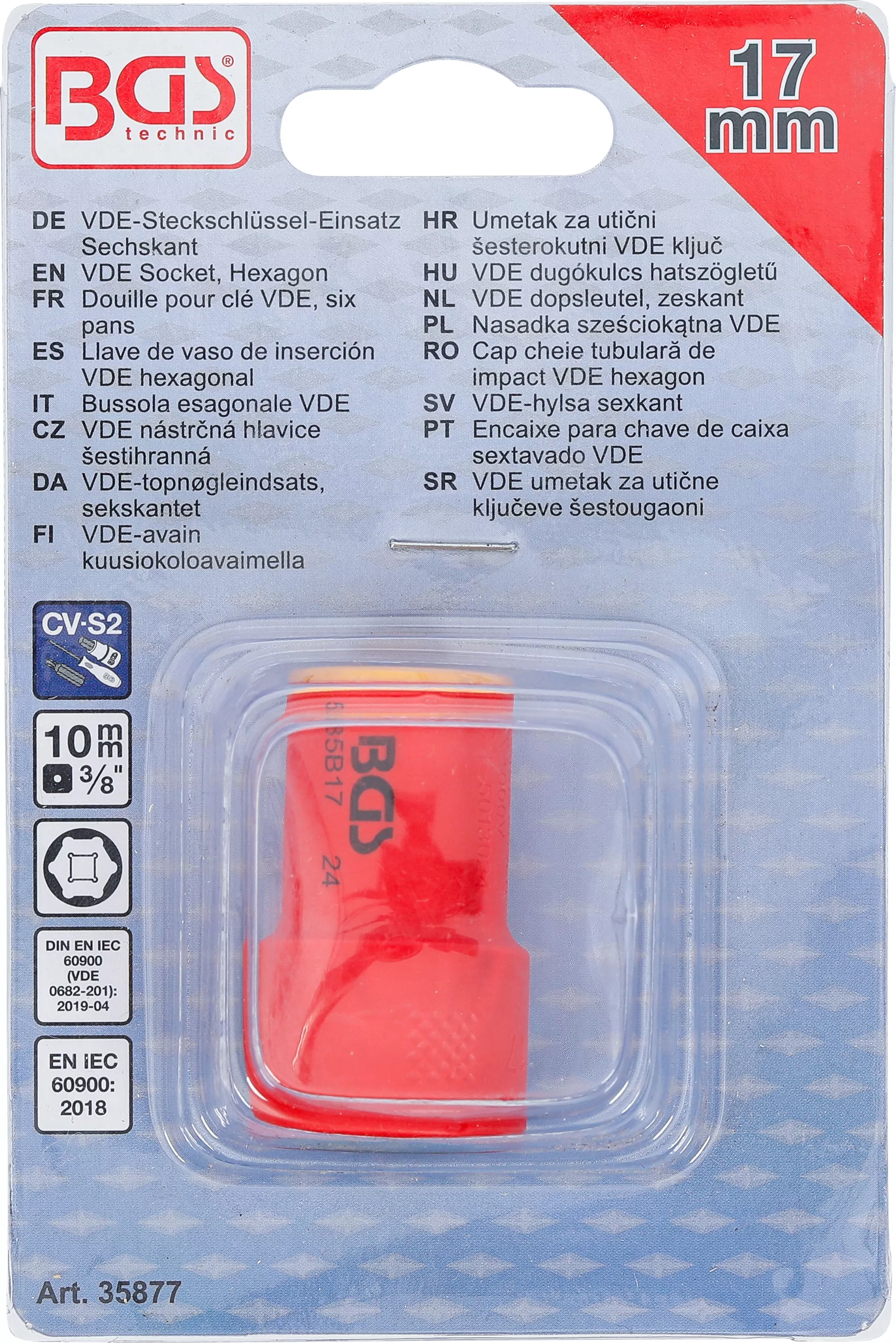 VDE-Steckschlüssel-Einsatz Sechskant | Antrieb Innenvierkant 10 mm (3/8") | SW 17 mm