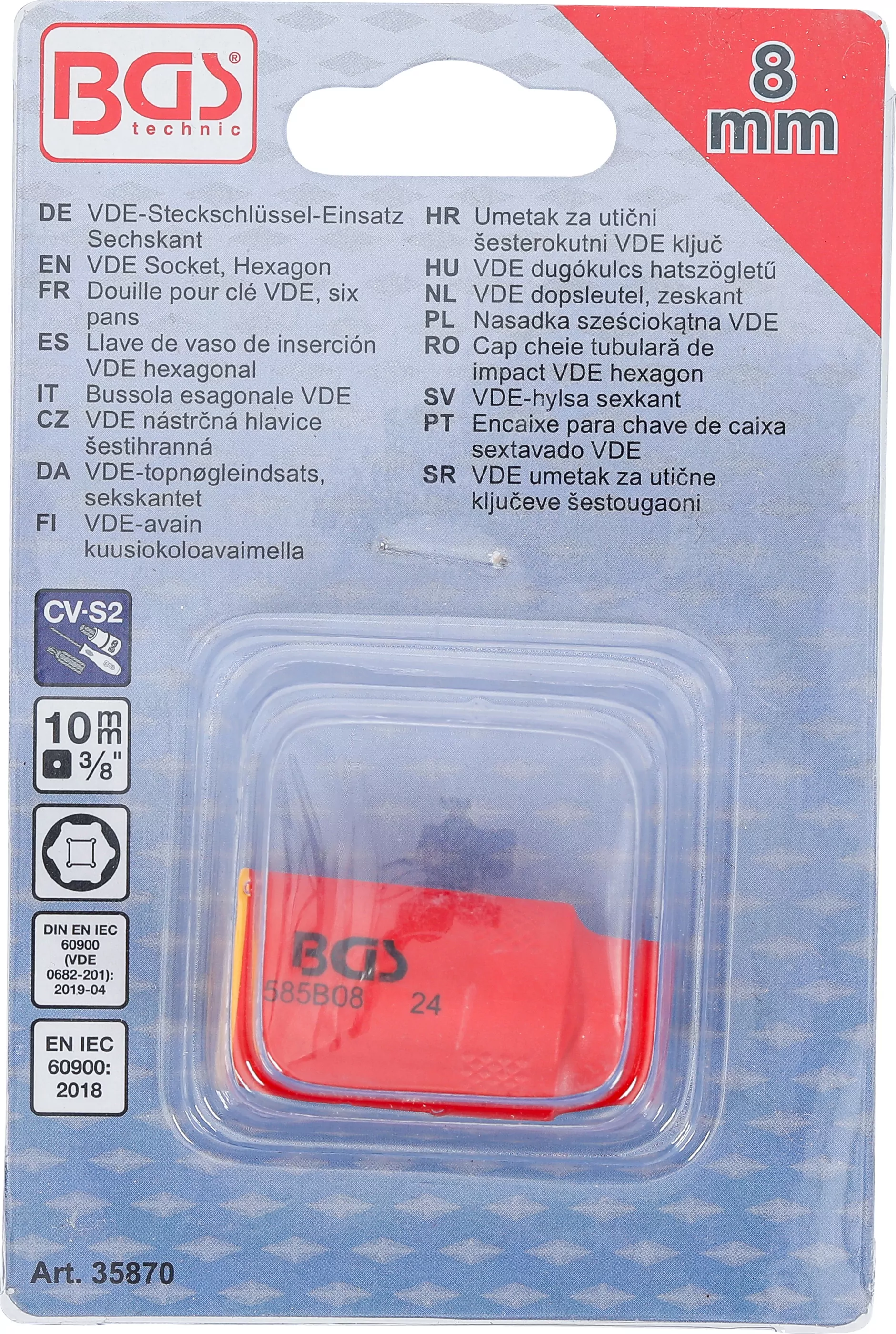 VDE-Steckschlüssel-Einsatz Sechskant | Antrieb Innenvierkant 10 mm (3/8") | SW 8 mm