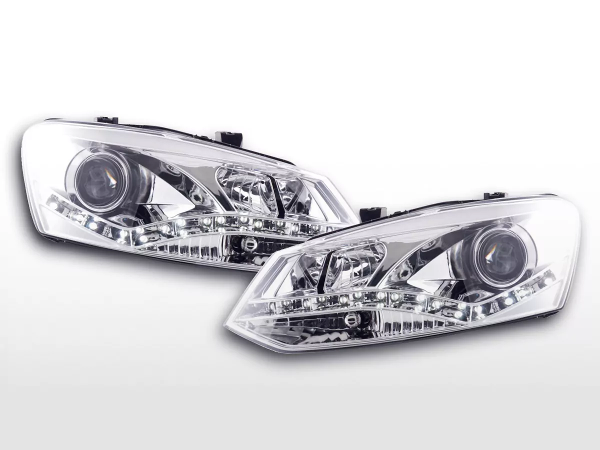 Scheinwerfer Set Daylight LED TFL-Optik VW Polo Typ 6R Bj. 2010- chrom für Rechtslenker