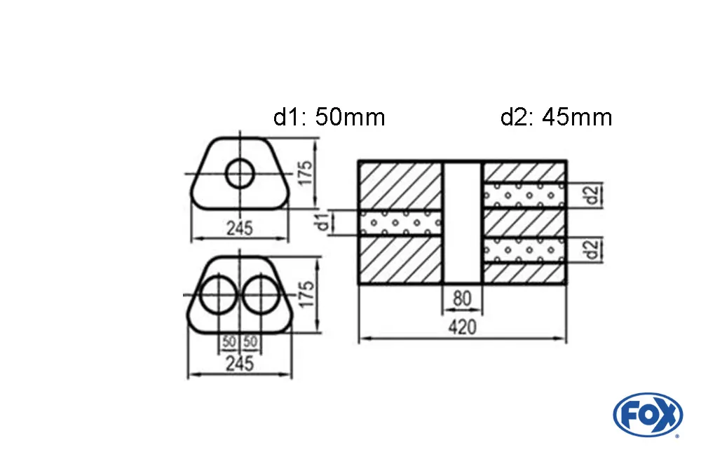 Uni-Schalldämpfer Trapezoid zweiflutig mit Kammer - Abw. 711  245x175mm, d1Ø 50mm  d2Ø 45mm, Länge: 420mm - Variante 2