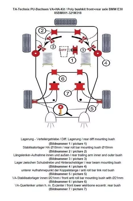TA Technix PU-Buchsen Kit 37-teilig / Vorderachse+Hinterachse / Vorderachse mit Ø 21mm Stabi / M3 Exzenter / Hinterachse mit Ø 18mm Stabi / passend für BMW 3er Serie E30