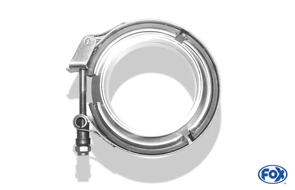 V-Bandschelle Ø89mm - Set  Dieses Set besteht aus:  2x CNC gedrehte Edelstahl V-Band Flansche (männlich & weiblich) mit Nut für 89mm Rohre  1x V-Band Schelle mit Schnellverschluss aus Edelstahl inkl. Spezialmutter