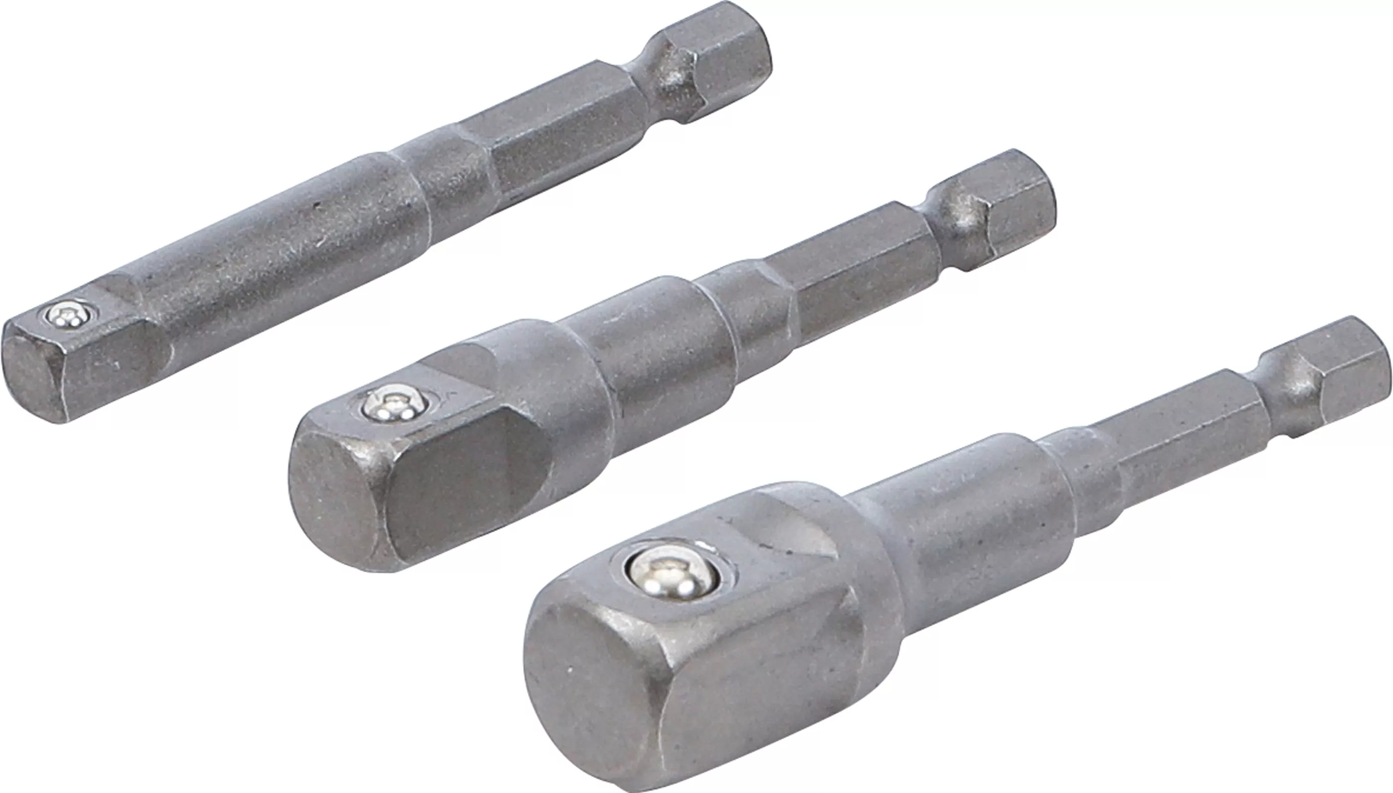 Adapter-Satz für Bohrmaschinen | Außensechskant Antrieb 6,3 mm (1/4") | Abtrieb Außenvierkant 6,3 mm (1/4"), 10 mm (3/8"), 12,5 mm (1/2") | 3-tlg.
