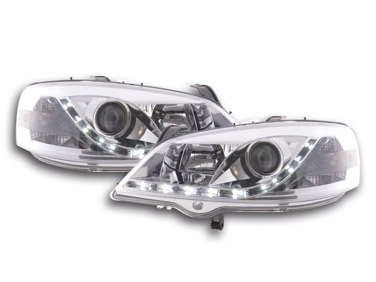 Scheinwerfer Set Daylight LED TFL-Optik Opel Astra G Bj. 98-03 chrom