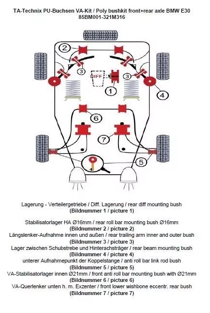 TA Technix PU-Buchsen Kit 37-teilig / Vorderachse+Hinterachse / Vorderachse mit Ø 21mm Stabi / M3 Exzenter / Hinterachse mit Ø 16mm Stabi / passend für BMW 3er Serie E30