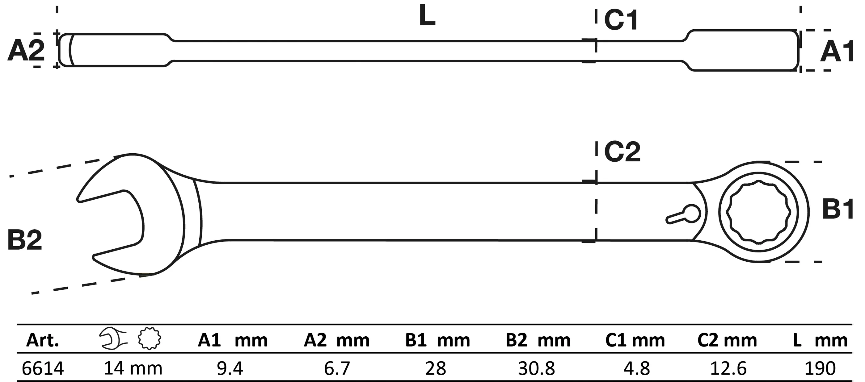 Ratschenring-Maulschlüssel | umschaltbar | SW 14 mm
