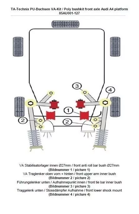 TA Technix PU-Buchsen Kit 18-teilig / Vorderachse mit Ø 27mm Stabi / passend für Audi A4 (B5)/ A6 (4B) + Allroad/ Skoda Superb (3U)/ VW Passat (3B/3BG)