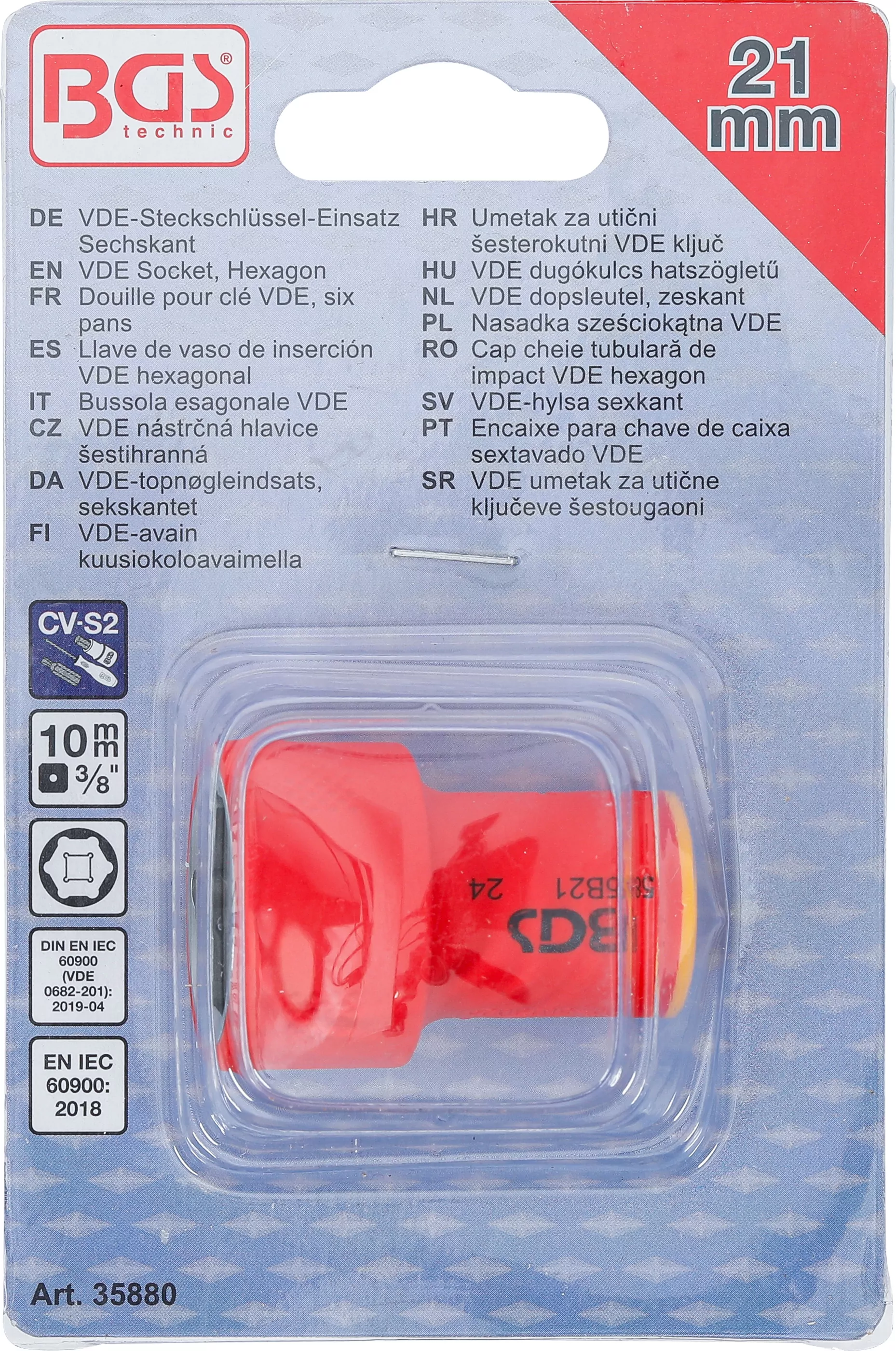 VDE-Steckschlüssel-Einsatz Sechskant | Antrieb Innenvierkant 10 mm (3/8") | SW 21 mm