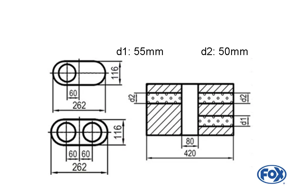 Uni-Schalldämpfer oval zweiflutig mit Kammer - Abw. 650  262x116mm, d1Ø 55mm  d2Ø 50mm, Länge: 420mm - Variante 1