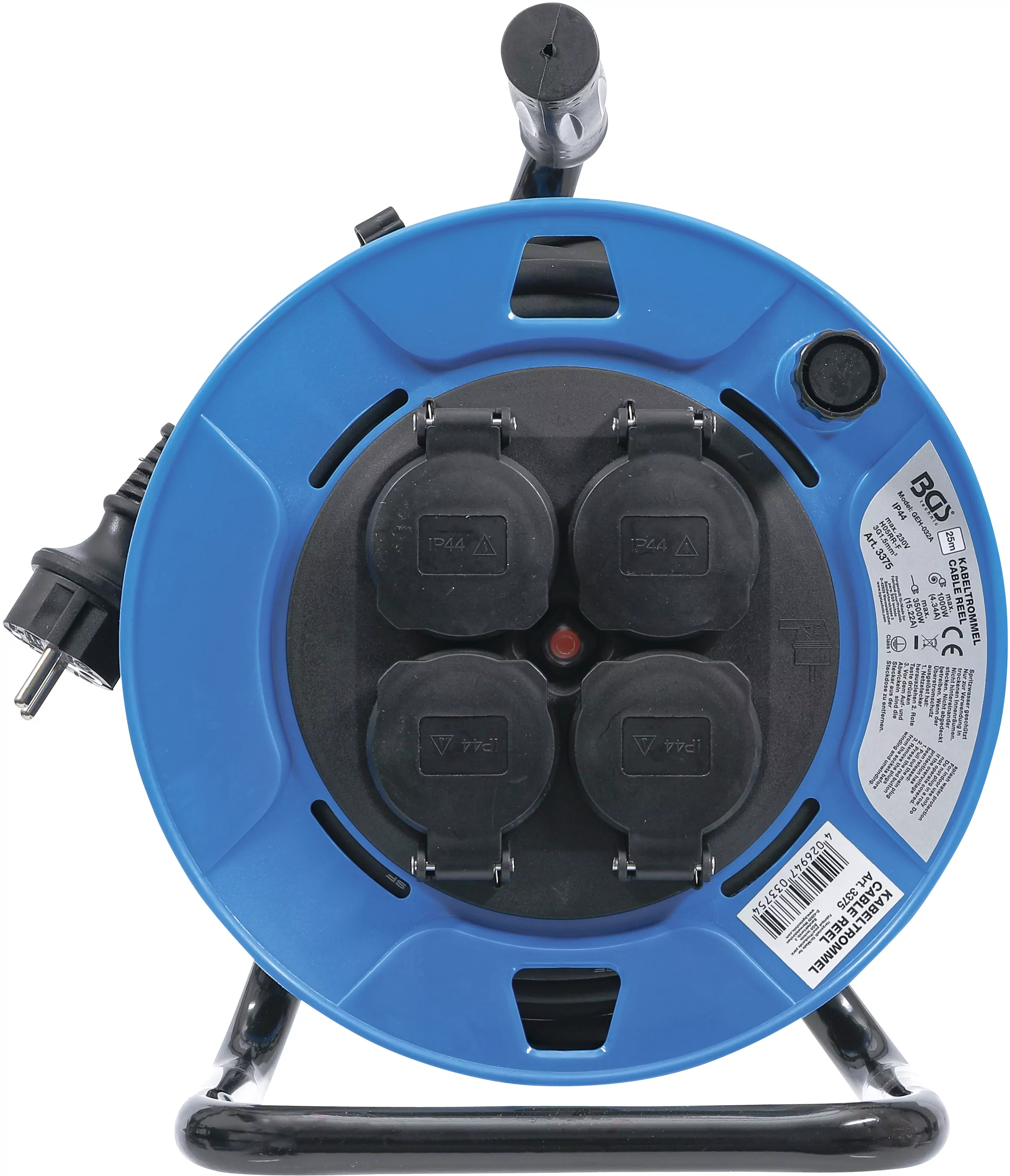 Kabeltrommel | 25 m | 3 x 1,5 mm² | 4 Steckdosen mit Verschlusskappe | IP 44 | 3500 W