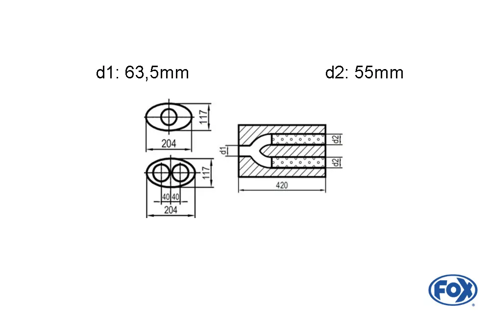 Uni-Schalldämpfer oval zweiflutig mit Hose - Abwicklung 525  204x117mm, d1Ø 63,5mm  d2Ø 55mm, Länge: 420mm