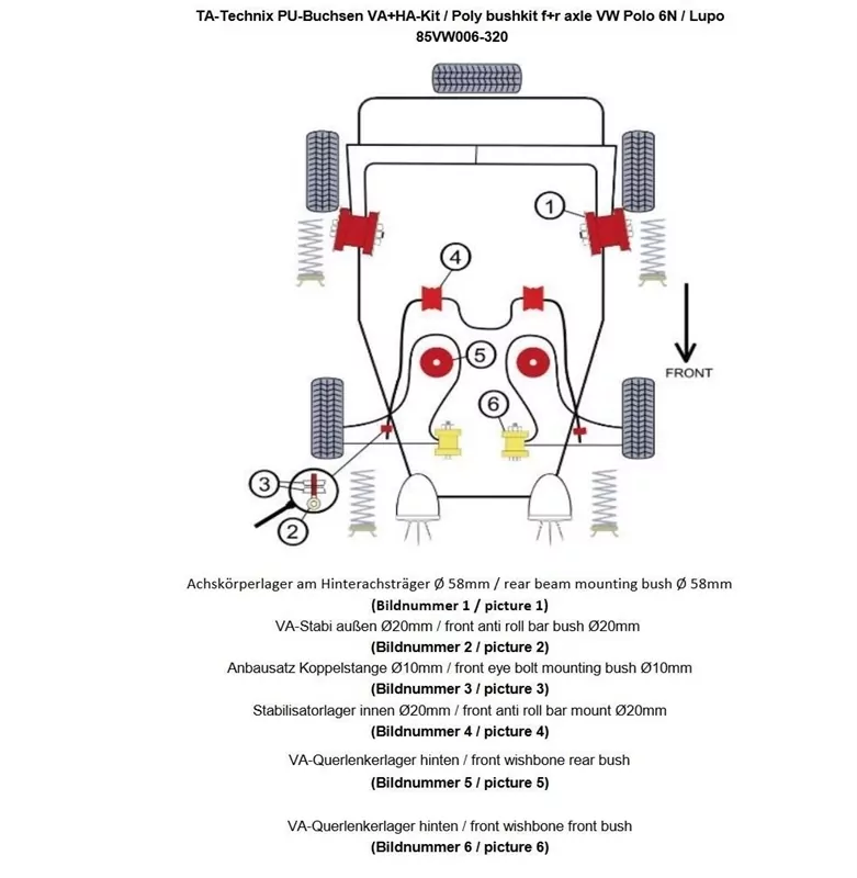 TA Technix PU-Buchsen Kit 30-teilig / Vorderachse mit 20mm Stabi +Hinterachse Ø 58mm / passend für Seat Arosa (6H)/ VW Lupo (6X/6E)/ Polo (6N+6N2)