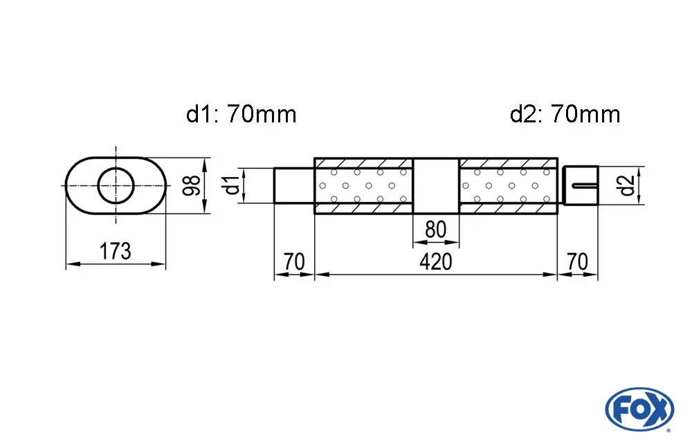 Uni-Schalldämpfer oval mit Kammer + Stutzen - Abw. 450  173x98mm, d1Ø 70mm (außen), d2Ø 70mm (innen), Länge: 420mm