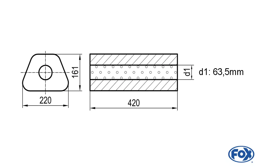 Uni-Schalldämpfer Trapezoid ohne Stutzen - Abwicklung 644  220x161mm, d1Ø 63,5mm, Länge: 420mm