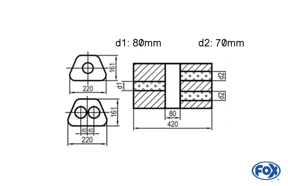 Uni-Schalldämpfer Trapezoid zweiflutig mit Kammer - Abw. 644  220x161mm, d1Ø 80mm  d2Ø 70mm, Länge: 420mm - Variante 2
