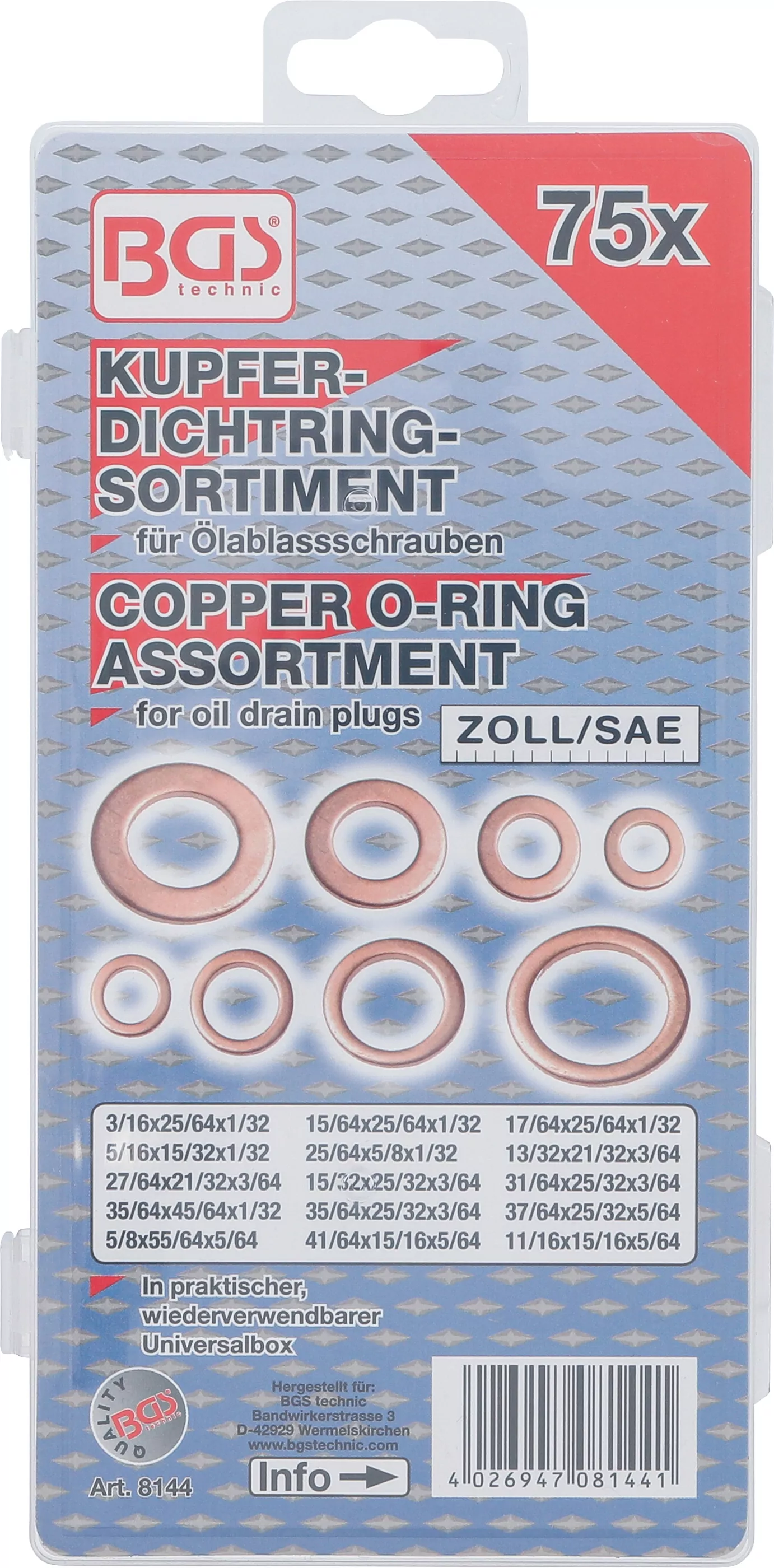 Dichtring-Sortiment | Kupfer | Zollgrößen | für Öl-Ablassschrauben | 75-tlg.