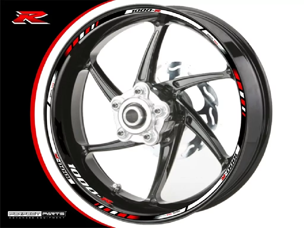 Felgenrandaufkleber für Suzuki GSX-R 1000 weiß-schwarz-rot
