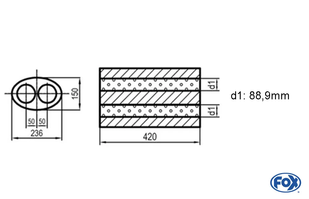 Uni-Schalldämpfer oval zweiflutig - Abwicklung 618  236x150mm, d1Ø 88,9mm, Länge: 420mm