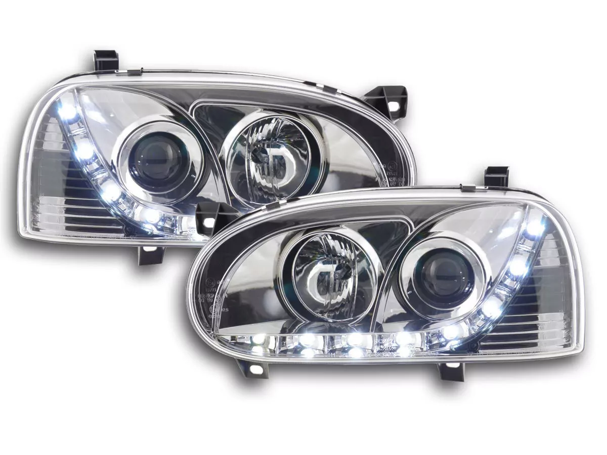 Scheinwerfer Set Daylight LED TFL-Optik VW Golf 3 Typ 1HXO 1EXO Bj. 91-97 chrom
