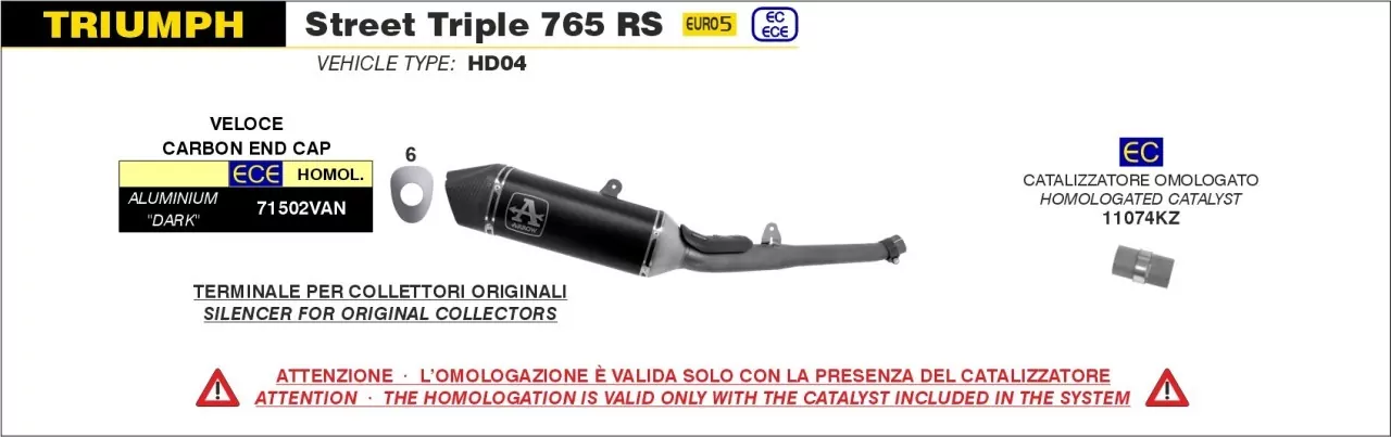 ARROW VELOCE Aluminium Schwarz TRIUMPH STREET TRIPLE 765/RS 20-22