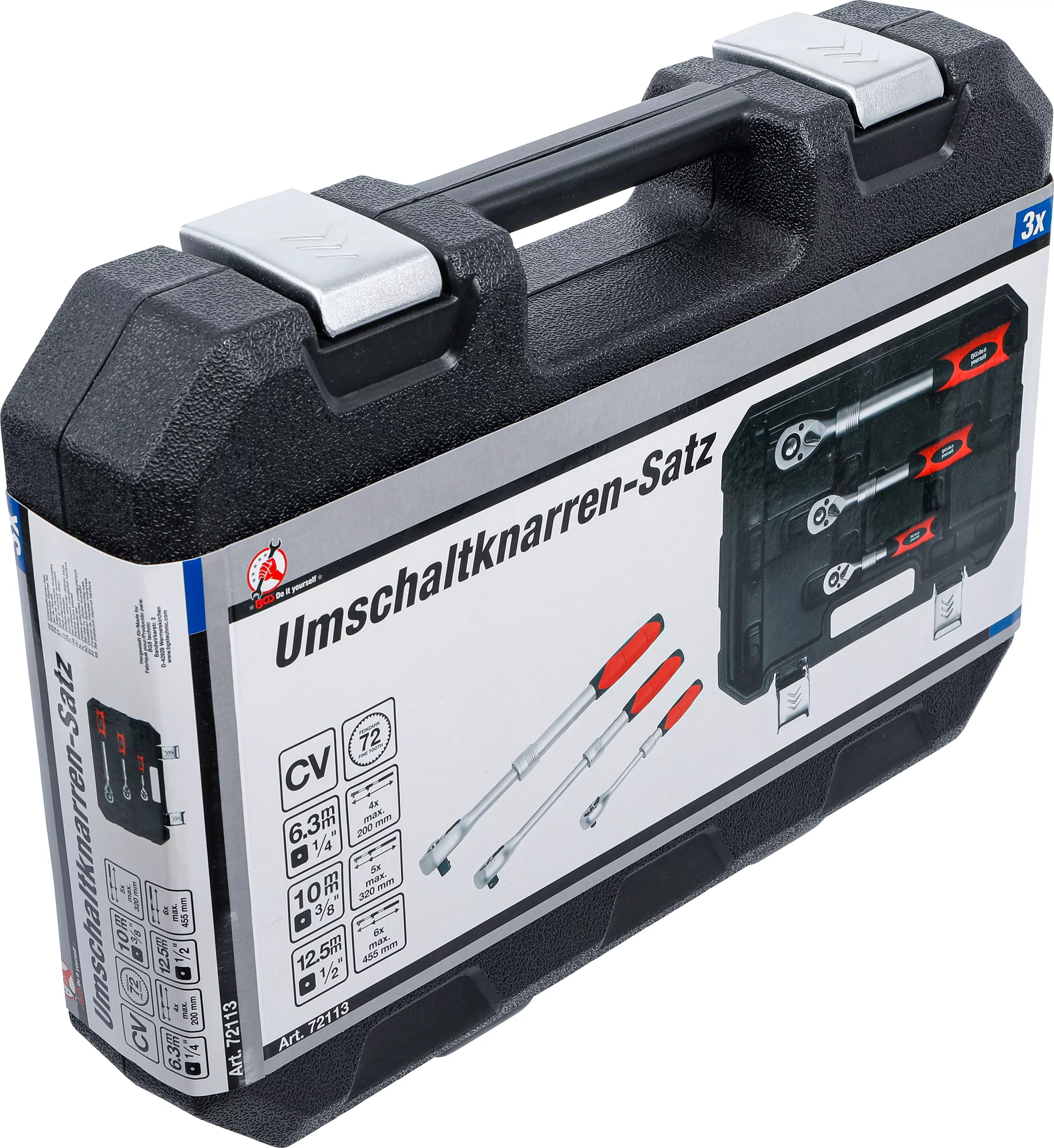 Umschaltknarren-Satz | ausziehbar | Abtrieb Außenvierkant 6,3 mm (1/4") - 10 mm (3/8") - 12,5 mm (1/2") | 3-tlg.