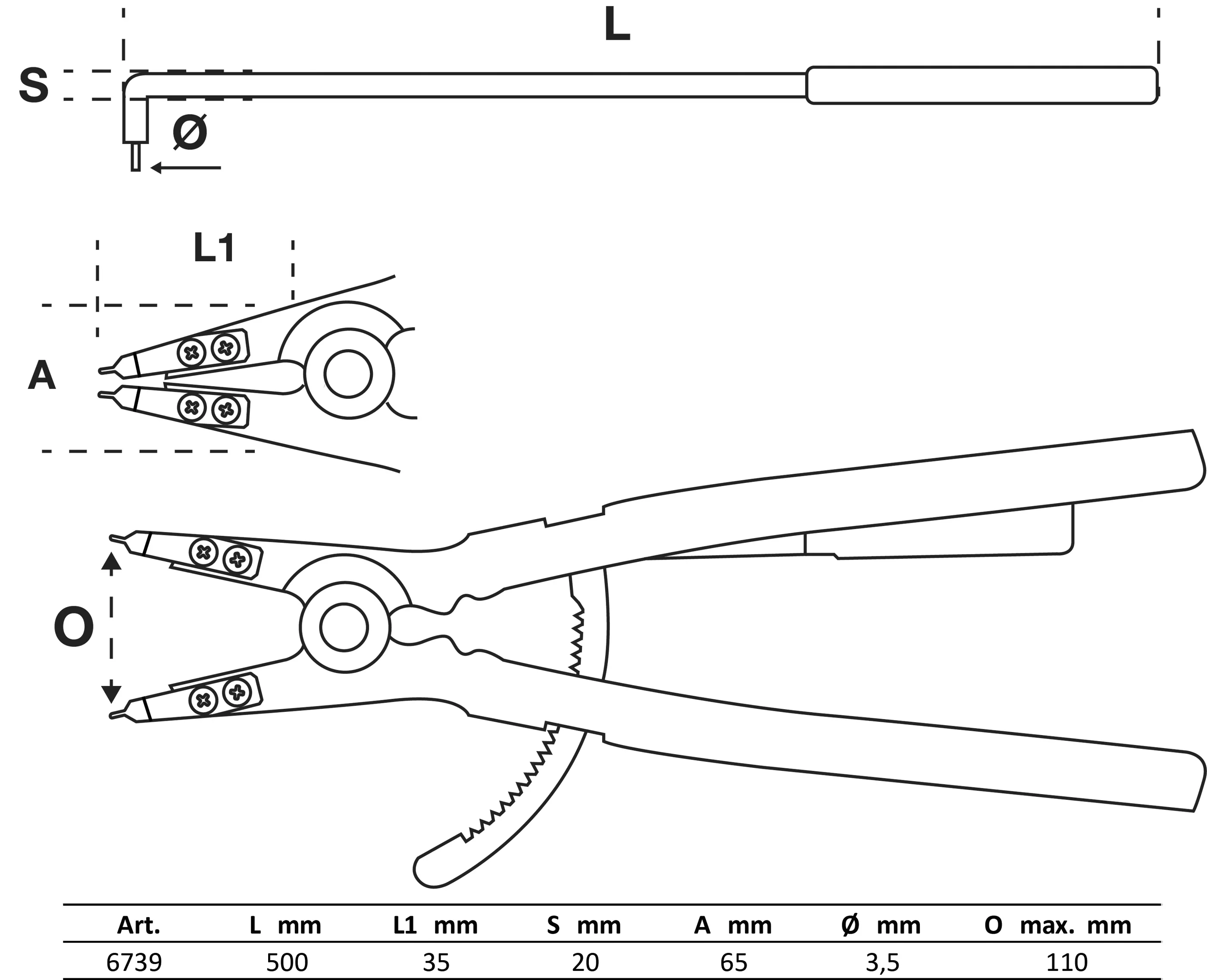 Sprengringzange | abgewinkelt | für Außensprengringe | 500 mm