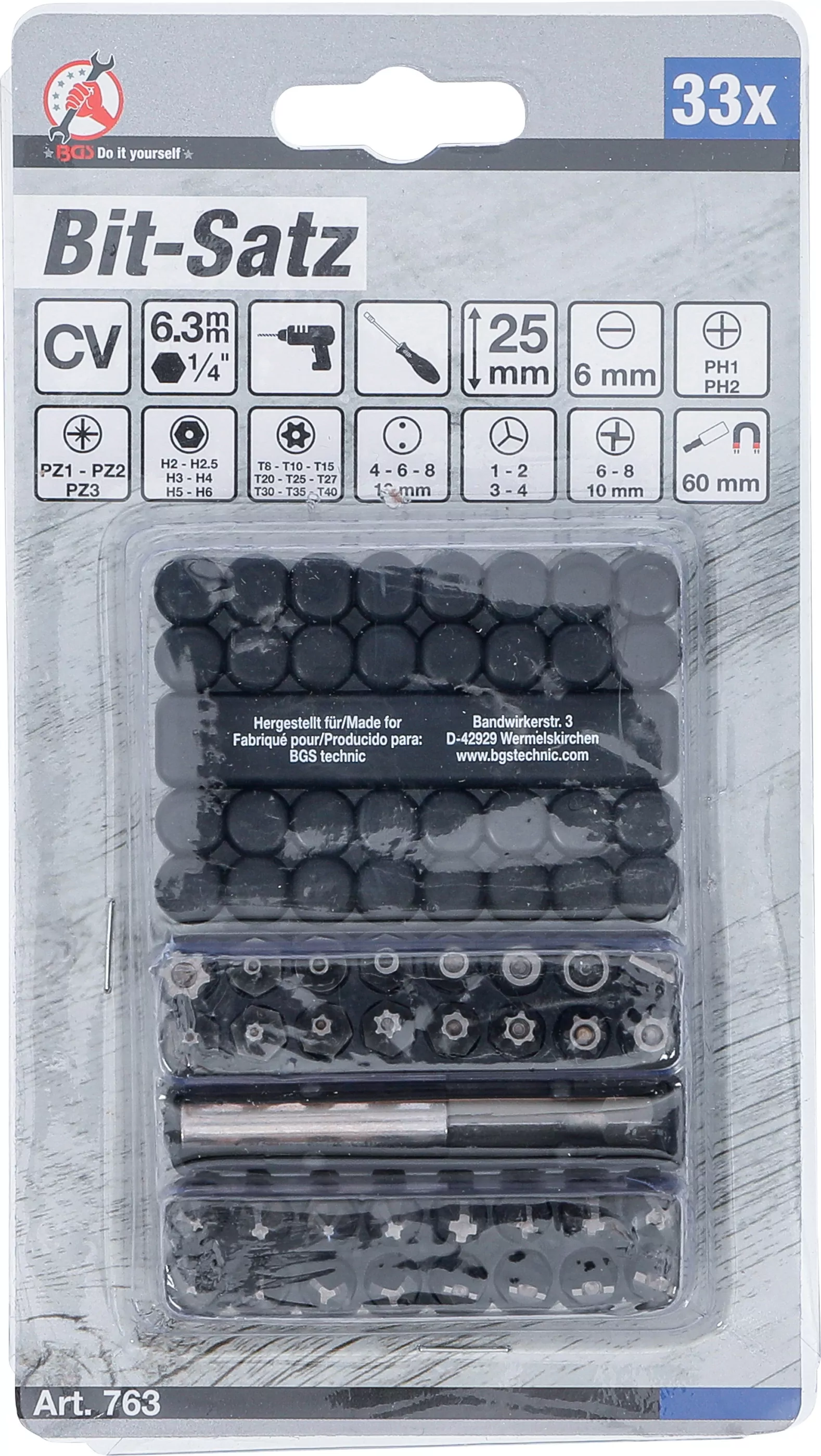 Bit-Satz | kurz | Antrieb Außensechskant 6,3 mm (1/4") | verschiedene Profile | 33-tlg.