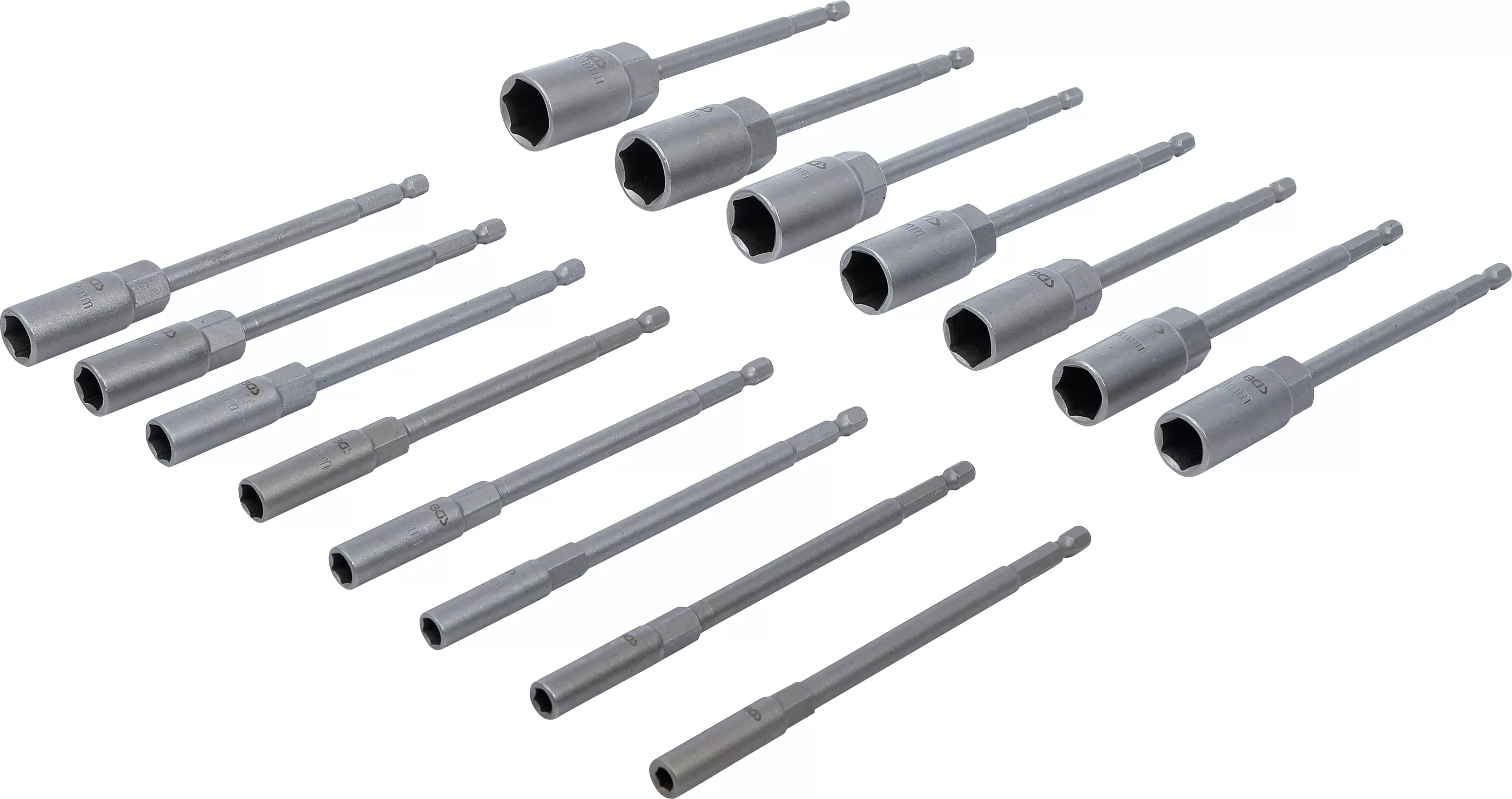 Steckschlüssel-Einsatz-Satz, Sechskant | extra lang | Antrieb Außensechskant 6,3 mm (1/4") | für Bohrmaschinen | SW 5,5 - 19 mm | 15-tlg.