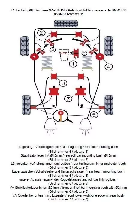 TA Technix PU-Buchsen Kit 37-teilig / Vorderachse+Hinterachse / Vorderachse mit Ø 21mm Stabi / M3 Exzenter / Hinterachse mit Ø 12mm Stabi / passend für BMW 3er Serie E30