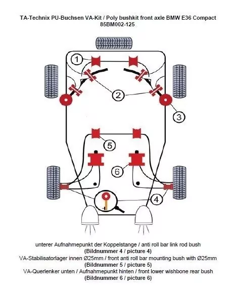 TA Technix PU-Buchsen Kit 12-teilig / Vorderachse mit Ø 25mm Stabi / passend für BMW 3er Serie E36 Compact / 3er Serie E36 / Z3 Roadster/Coupe