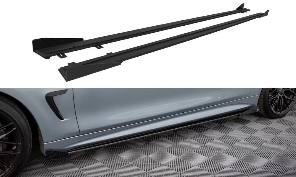 Street Pro Seitenschweller Ansatz Für + Flaps BMW 4er Coupe / Gran Coupe / Cabrio M-Paket F32 / F36 / F33  Schwarz Hochglanz