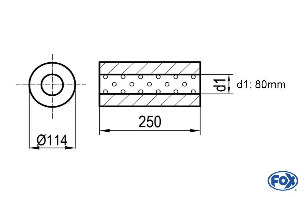 Uni-Schalldämpfer rund ohne Stutzen - Abwicklung 355  Ø 114mm, d1Ø 88,9mm, Länge: 250mm