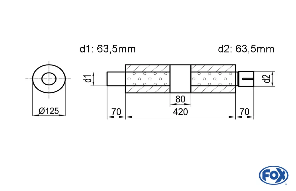 Uni-Schalldämpfer rund mit Kammer + Stutzen - Abw. 390  Ø 125mm, d1Ø 63,5mm (außen), d2Ø 63,5mm (innen), Länge: 420mm