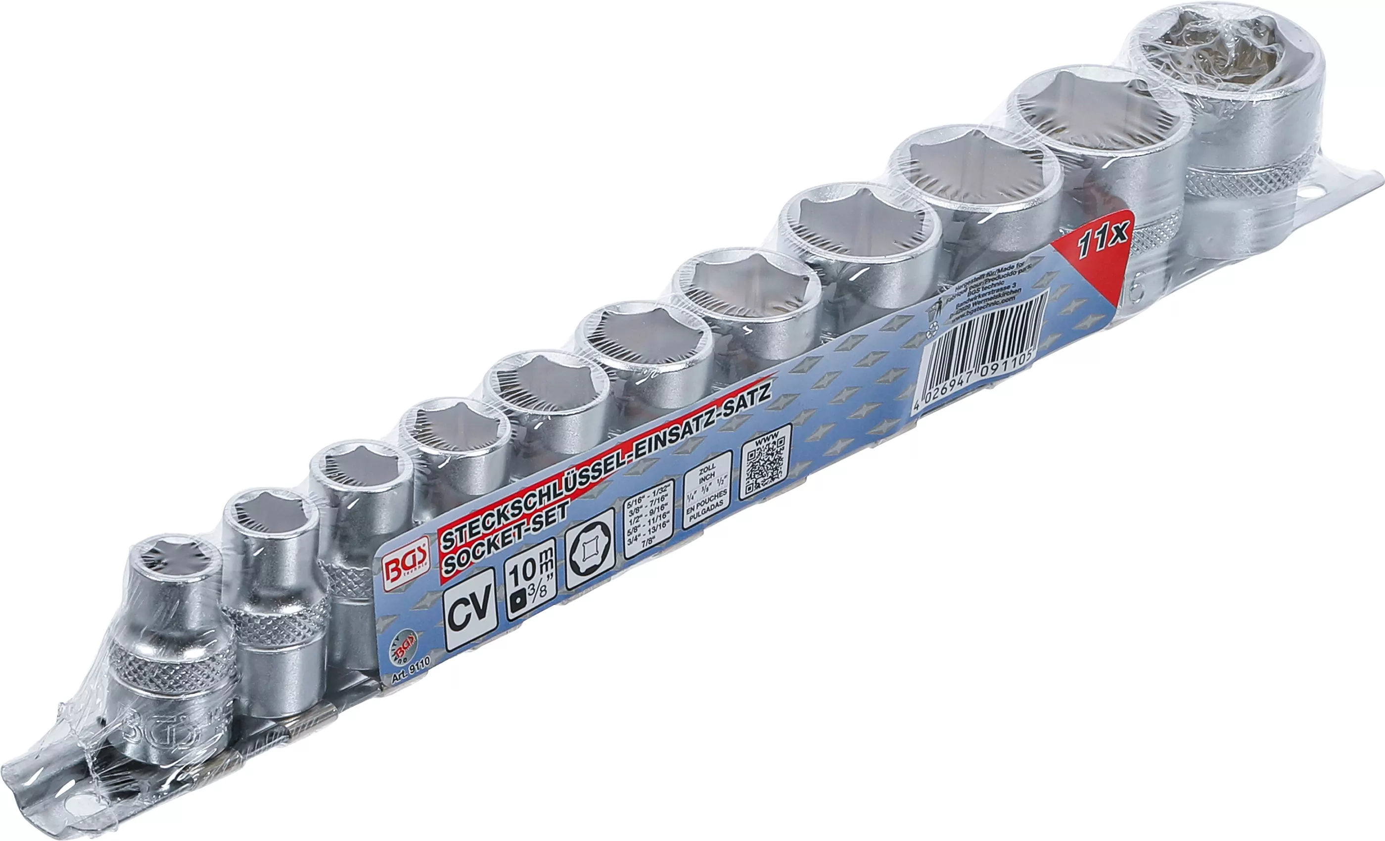 Steckschlüssel-Einsatz-Satz, Sechskant | Antrieb Innenvierkant 10 mm (3/8") | SW 5/16" - 7/8" | 11-tlg.