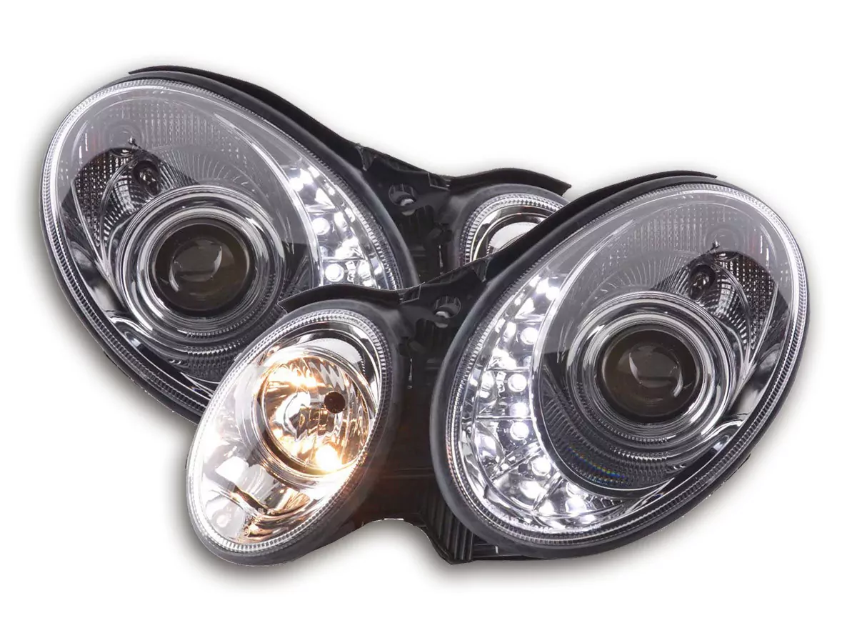 Scheinwerfer Set Daylight LED TFL-Optik Mercedes E-Klasse Typ W211 Bj. 02-06 chrom