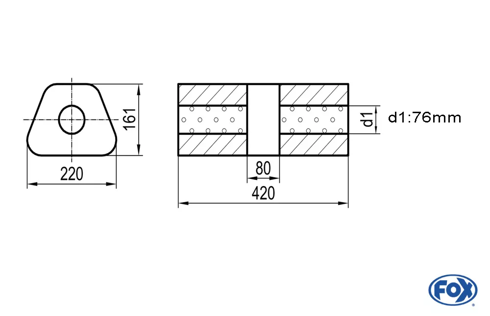Uni-Schalldämpfer trapez ohne Stutzen mit Kammer - Abw. 644  220x161mm, d1Ø 76mm, Länge: 420mm
