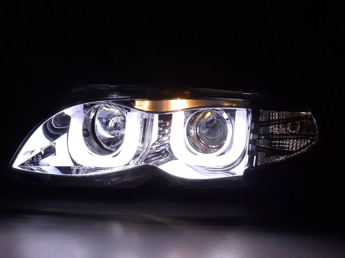 Scheinwerfer Set Daylight LED TFL-Optik BMW 3er E46 Limo/Touring Bj. 02-05 chrom für Rechtslenker